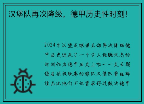 汉堡队再次降级，德甲历史性时刻！